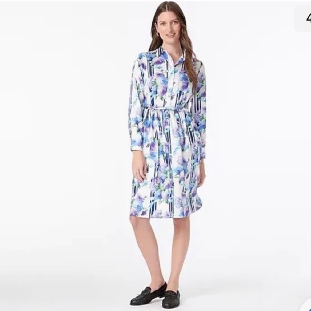 J.Crew A-Line Floral Striped Collared Long Sleeve Shirtdress Purple Blue 0
